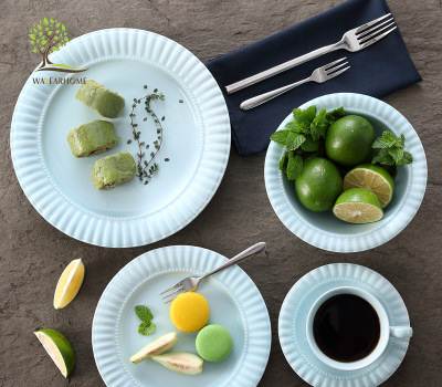 陶瓷餐具套装5件套 蓝色西式简约浅盘咖啡杯碟沙拉饭碗—潮州日用品